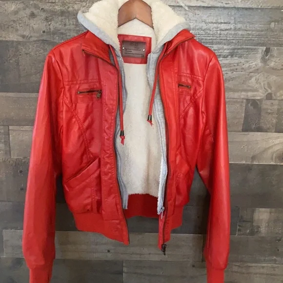 Fun Red BB Winter Jacket with Gray Sweatshirt Hood - Picture 6 of 8